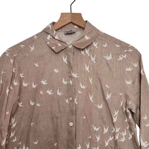 J. Jill XS Linen Bird Dove novelty brown Button Down Long Sleeves blouse - Picture 4 of 8